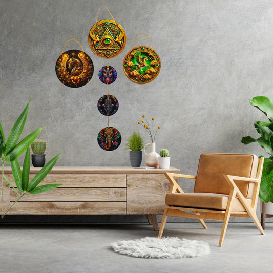 Wall Art Collection | Decorative Hanging Ornaments Set with All-Seeing Eye, Dragon, Horse Designs, Gold and Green Spiritual Home Decor Items