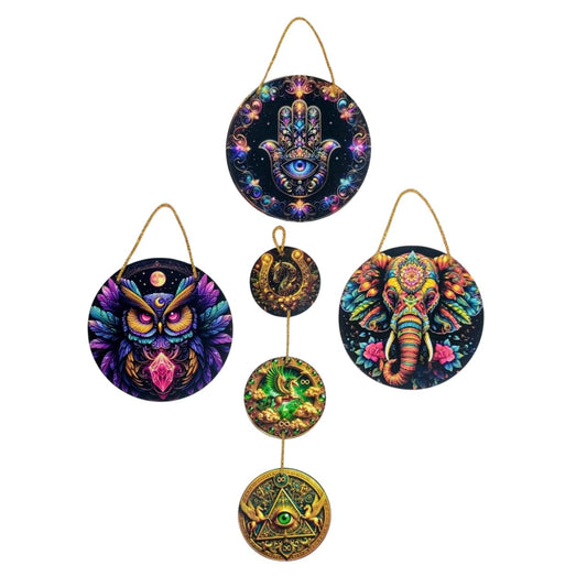 Wall Decor Set, Colorful Spiritual Art Hanging with Hamsa, Owl, Elephant Designs, Round Medallion Collection, Indoor Decorative Ornaments, 4 Piece