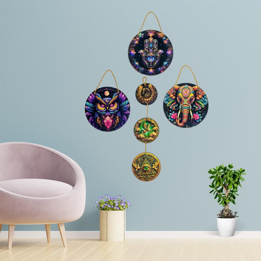 Wall Decor Set, Colorful Spiritual Art Hanging with Hamsa, Owl, Elephant Designs, Round Medallion Collection, Indoor Decorative Ornaments, 4 Piece