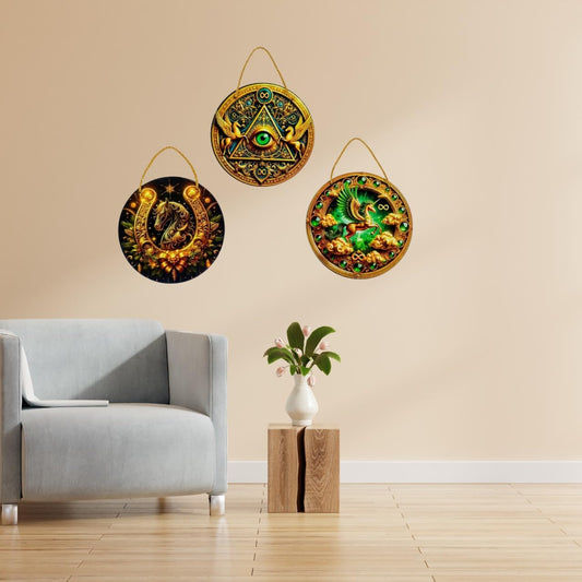 Wall Art Collection | Decorative Hanging Ornaments Set with All-Seeing Eye, Dragon, Horse Designs, Gold and Green Spiritual Home Decor Items | Wall Hangings for Living Room, Bedroom