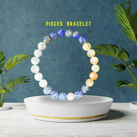 Handmade Pisces Zodiac Meen Rashi Healing Crystal Bracelet Natural Reiki Feng-Shui Healing Crystal Gem Stone Crystal Bracelet for Prosperity