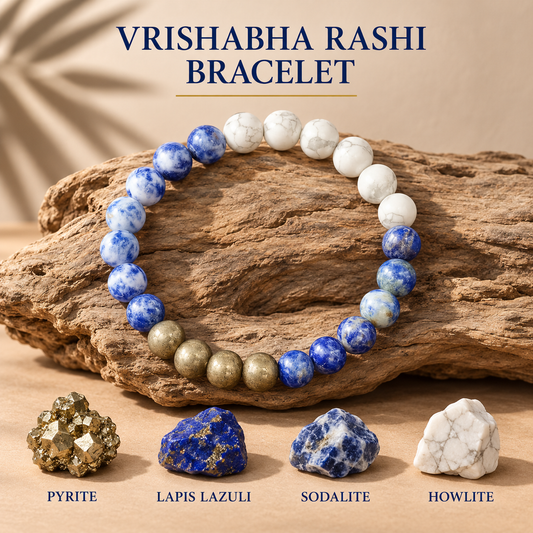Taurus Zodiac Vrishabha Rashi Healing Crystal Bracelet Natural Reiki Feng-Shui Healing Crystal Gem Stone Crystal Bracelet for Wealth, Health & Prosperity Comes with FREE Natural Pyrite Stone