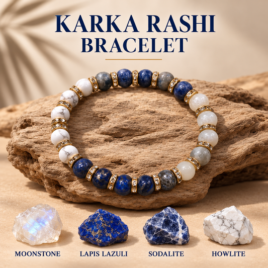 Handmade Cancer Zodiac Karka Rashi Healing Crystal Bracele Natural Reiki Feng-Shui Healing Crystal Gem Stone Crystal Bracelet for Wealth, Love & Wellness Comes with FREE Natural Pyrite Stone