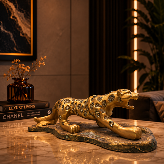 Jaguar Figurine with Pyrite Crystal Engraving | Decorative Animal Showpiece for Home Décor, Office Desk, Shelf & Gifting | Resin Statue