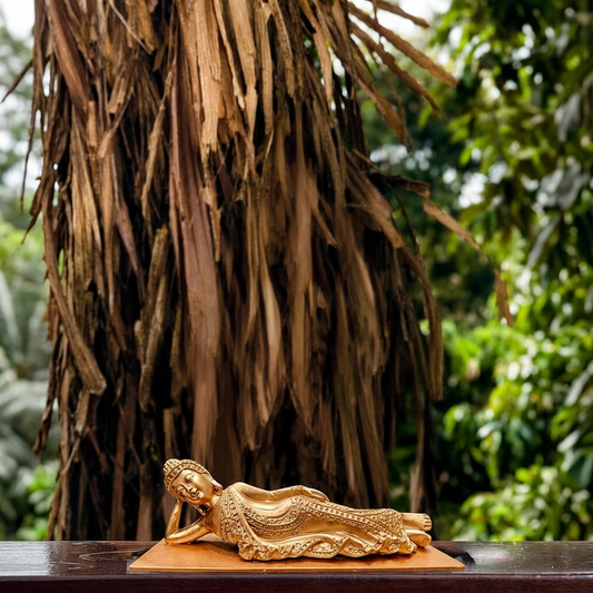 Reclining Buddha Decorative Statue Antique Gold Finish | Meditation Buddha Showpiece for Home Décor, Living Room, Office & Gifting | Resin Figurine (Golden_1)