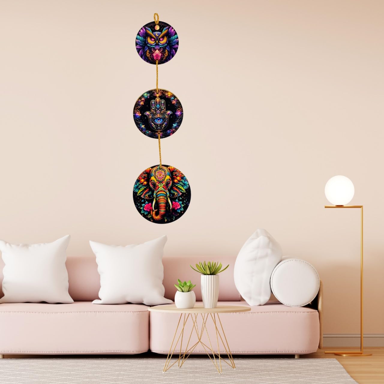 Wall Art Collection | Decorative Hanging Ornaments Set with All-Seeing Eye, Dragon, Horse Designs, Gold and Green Spiritual Home Decor Items | Wall Hangings for Living Room, Bedroom