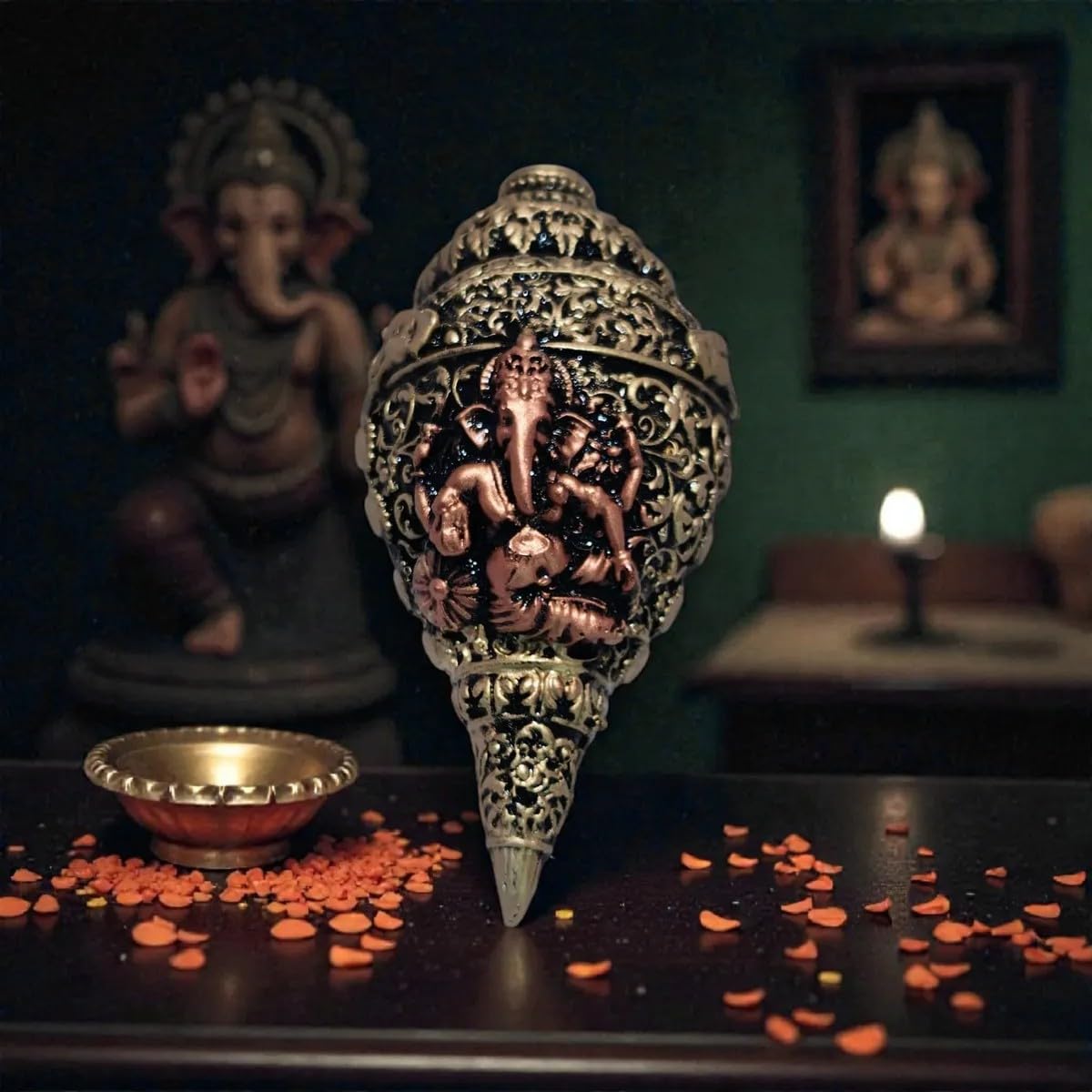 Shubh Ganesh Shankh Idol Antique Finish | Decorative Ganesh Showpiece for Home Décor, Office, Shelf & Gifting | Resin Spiritual Figurine