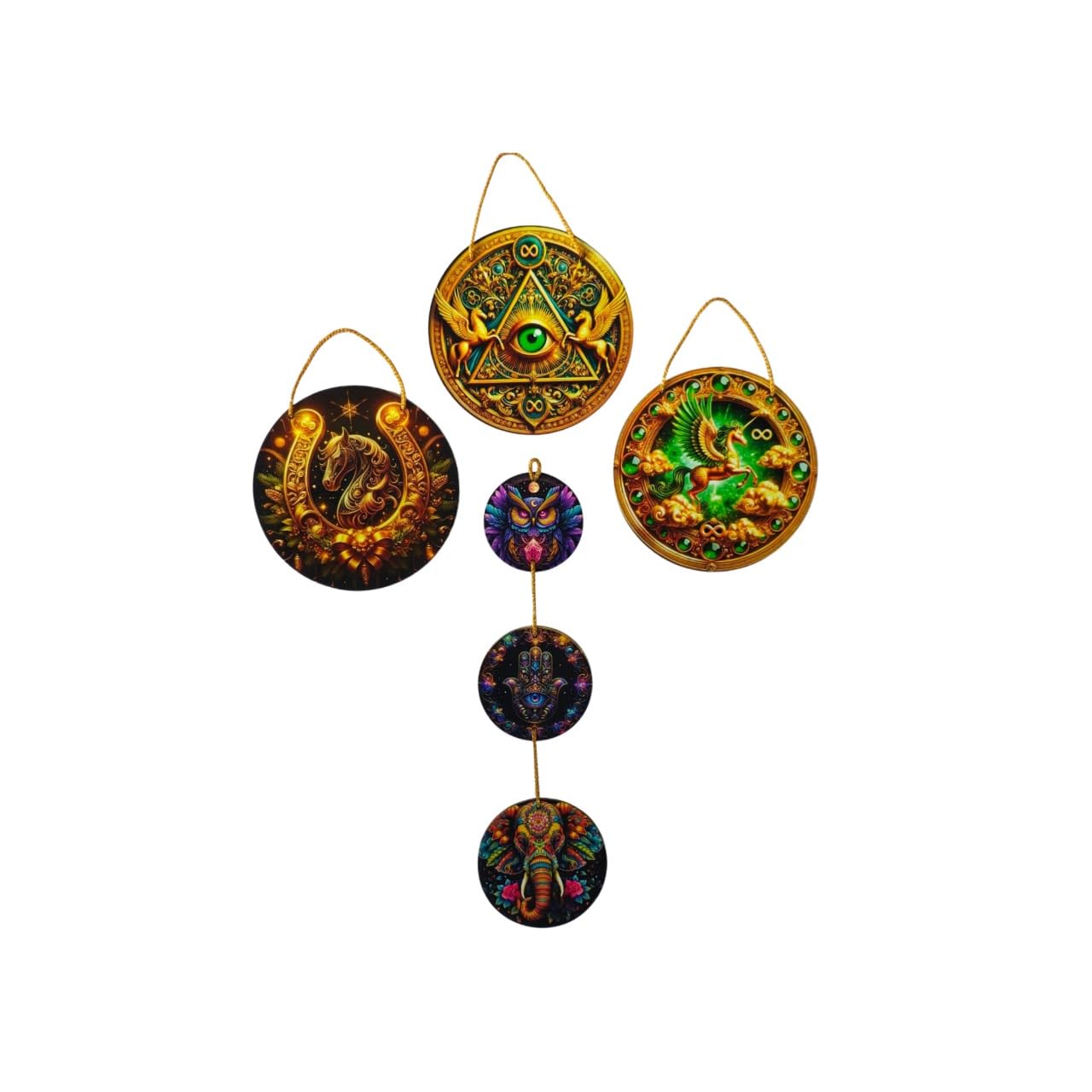 Wall Art Collection | Decorative Hanging Ornaments Set with All-Seeing Eye, Dragon, Horse Designs, Gold and Green Spiritual Home Decor Items | Wall Hangings for Living Room, Bedroom