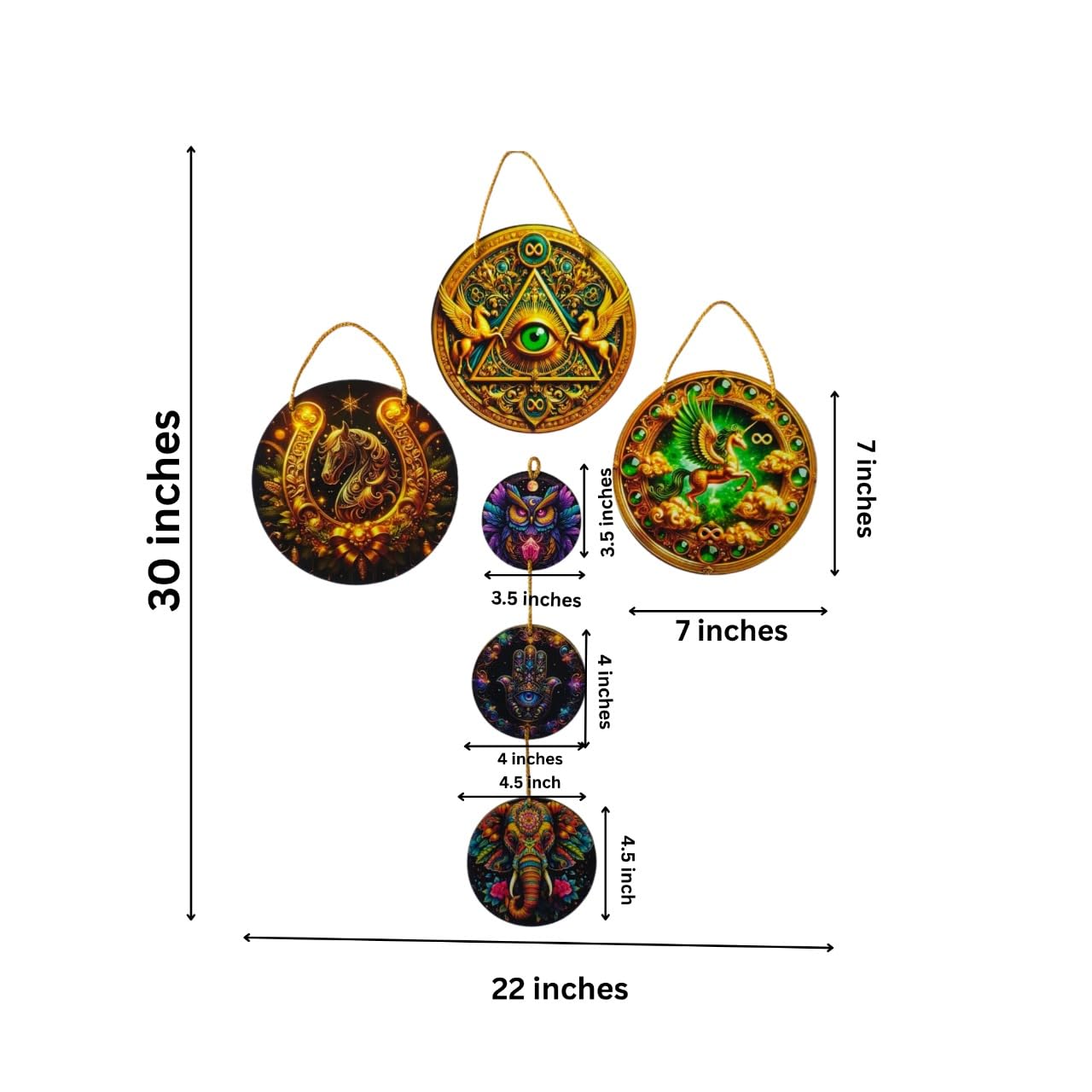 Wall Art Collection | Decorative Hanging Ornaments Set with All-Seeing Eye, Dragon, Horse Designs, Gold and Green Spiritual Home Decor Items | Wall Hangings for Living Room, Bedroom
