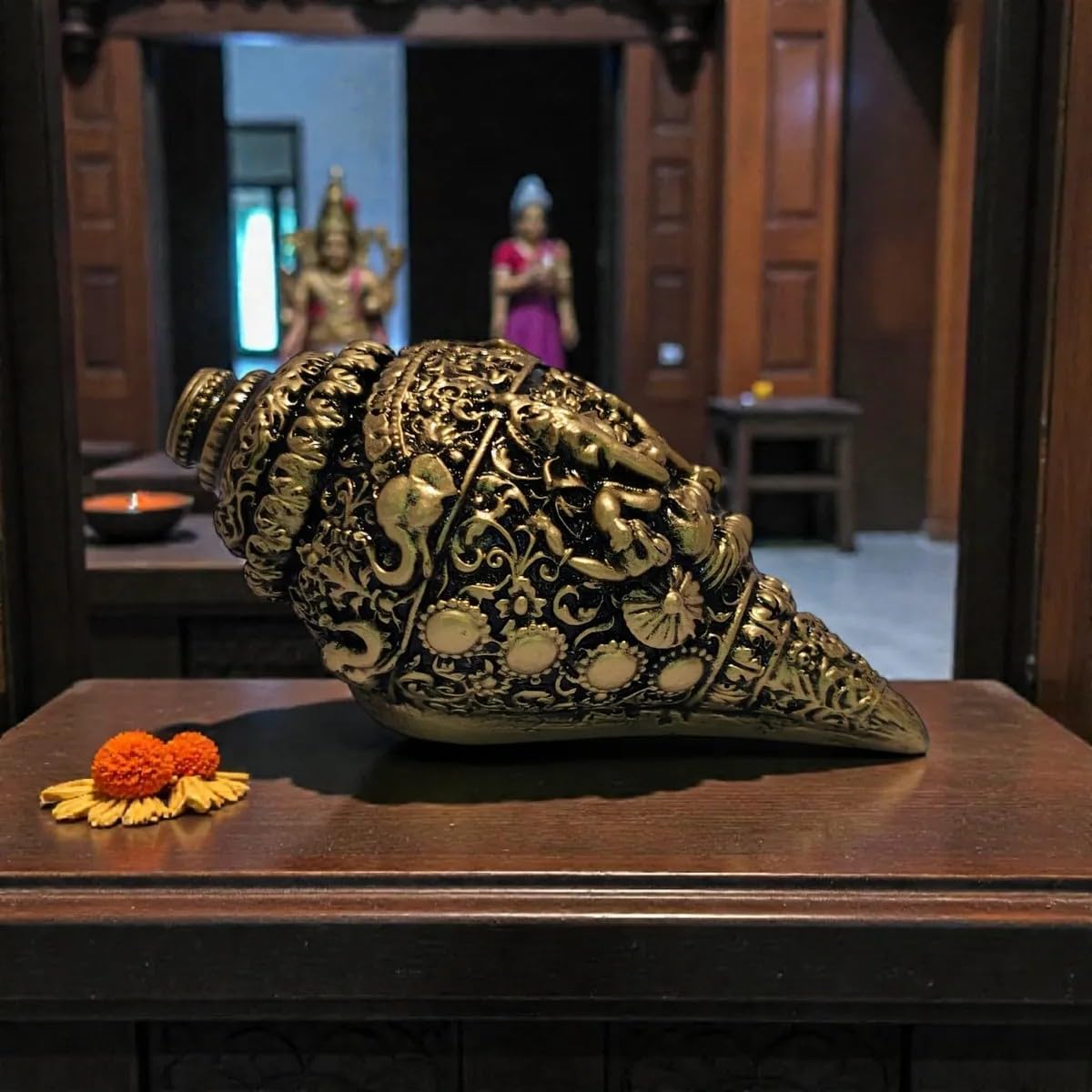 Shubh Ganesh Shankh Idol Antique Finish | Decorative Ganesh Showpiece for Home Décor, Office, Shelf & Gifting | Resin Spiritual Figurine