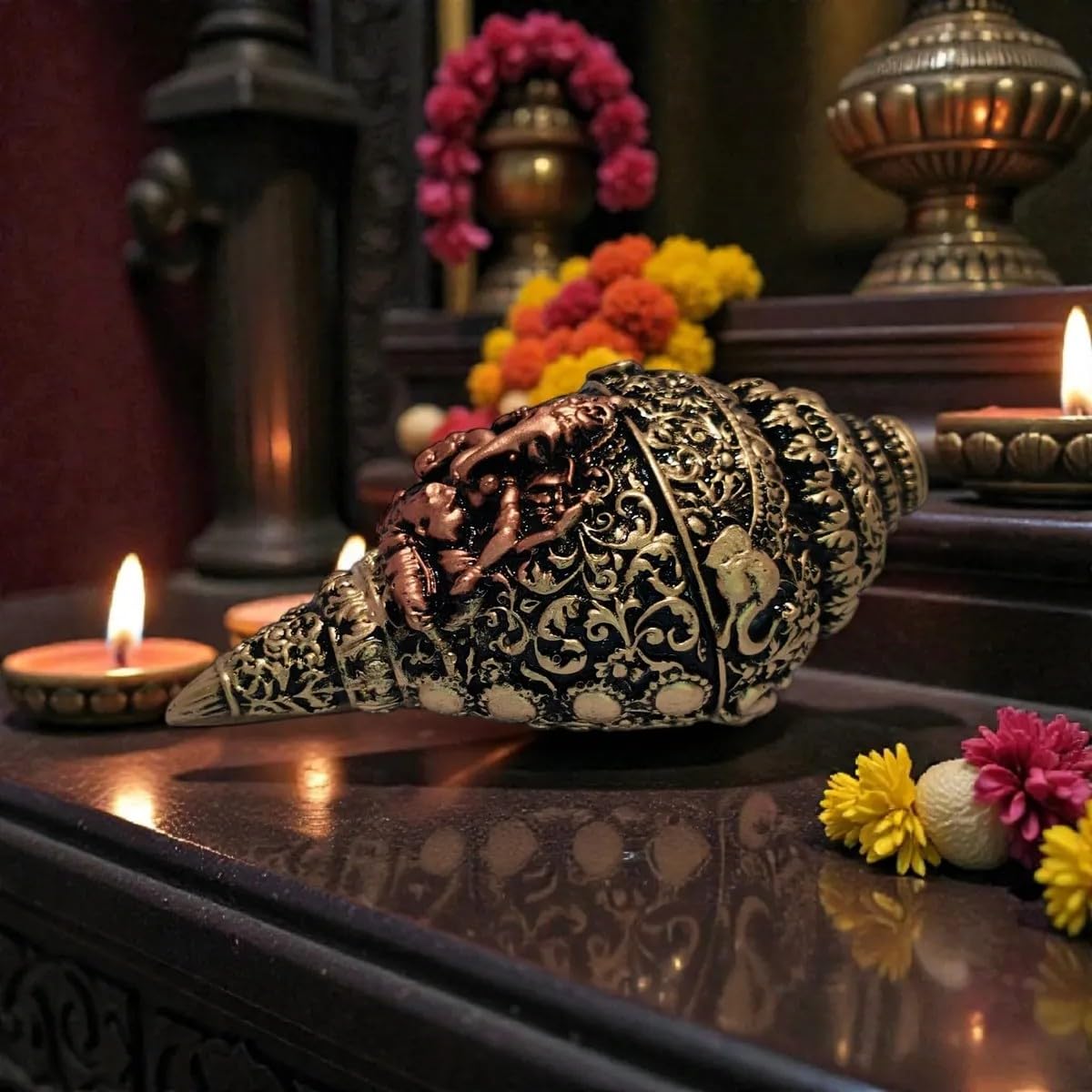 Shubh Ganesh Shankh Idol Antique Finish | Decorative Ganesh Showpiece for Home Décor, Office, Shelf & Gifting | Resin Spiritual Figurine