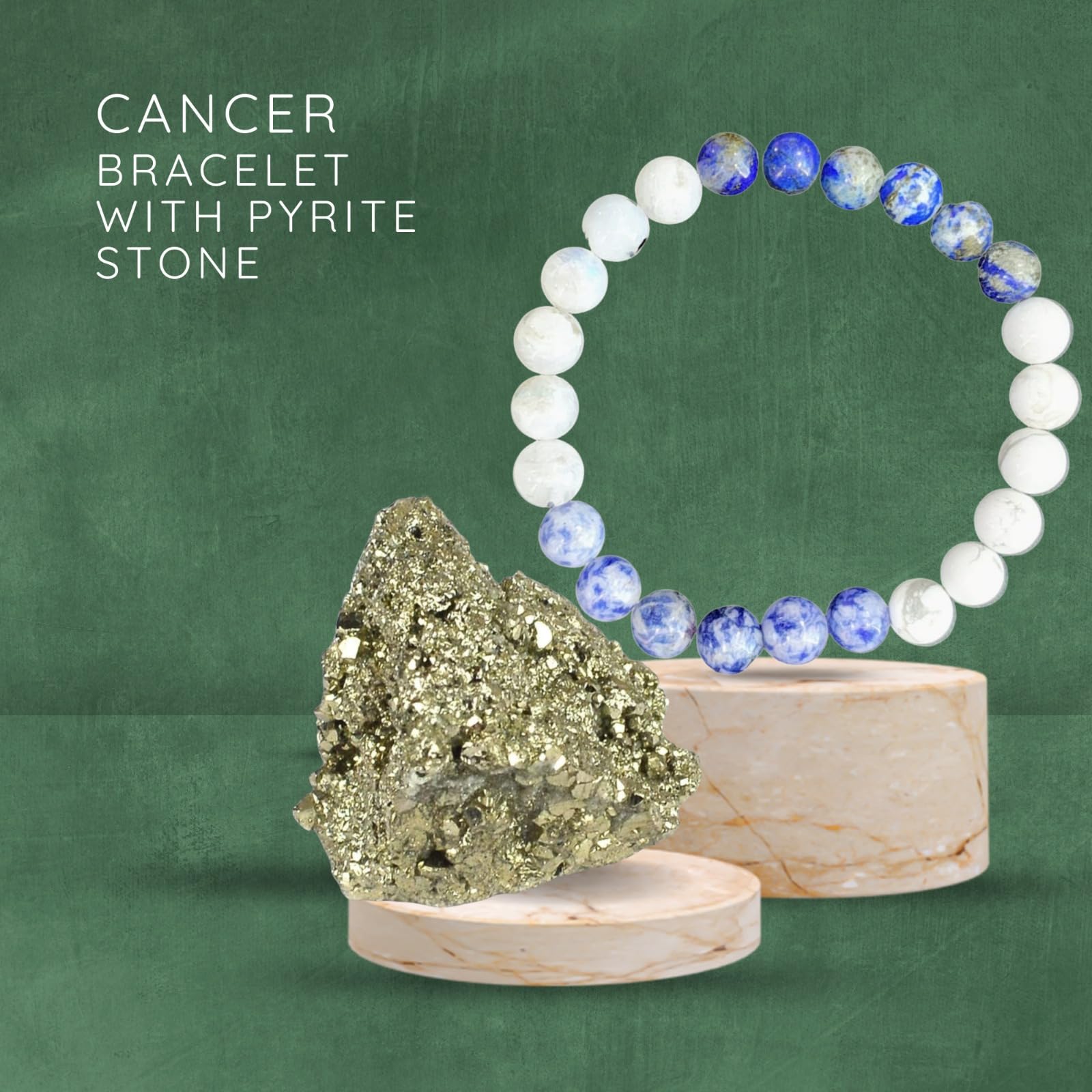 Handmade Cancer Zodiac Karka Rashi Healing Crystal Bracele Natural Reiki Feng-Shui Healing Crystal Gem Stone Crystal Bracelet for Wealth, Love & Wellness Comes with FREE Natural Pyrite Stone