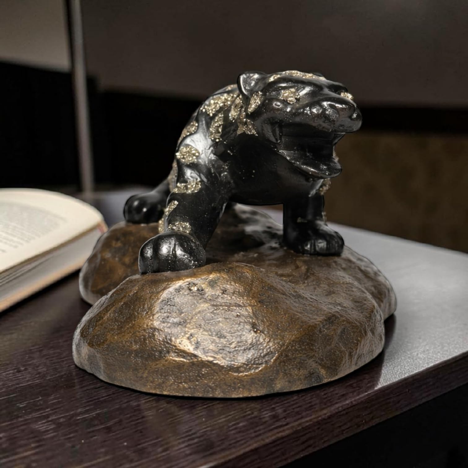 Jaguar Figurine with Pyrite Crystal Engraving | Decorative Animal Showpiece for Home Décor, Office Desk, Shelf & Gifting | Resin Statue 