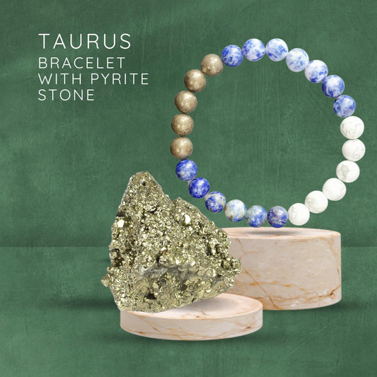Taurus Zodiac Vrishabha Rashi Healing Crystal Bracelet Natural Reiki Feng-Shui Healing Crystal Gem Stone Crystal Bracelet for Wealth, Health & Prosperity Comes with FREE Natural Pyrite Stone