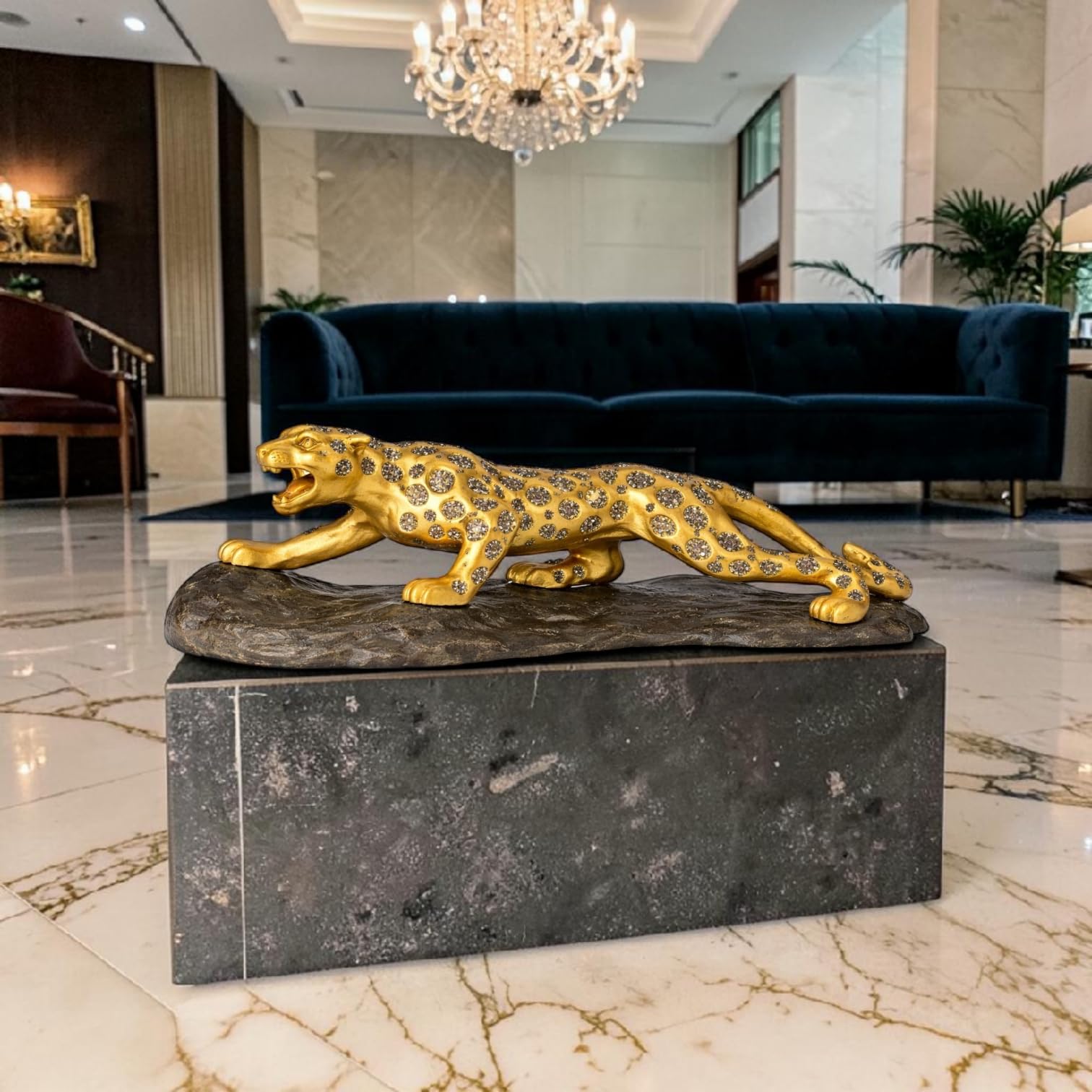 Jaguar Figurine with Pyrite Crystal Engraving | Decorative Animal Showpiece for Home Décor, Office Desk, Shelf & Gifting | Resin Statue 