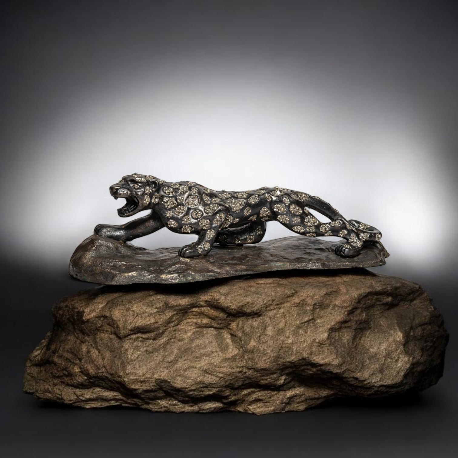 Jaguar Figurine with Pyrite Crystal Engraving | Decorative Animal Showpiece for Home Décor, Office Desk, Shelf & Gifting | Resin Statue 