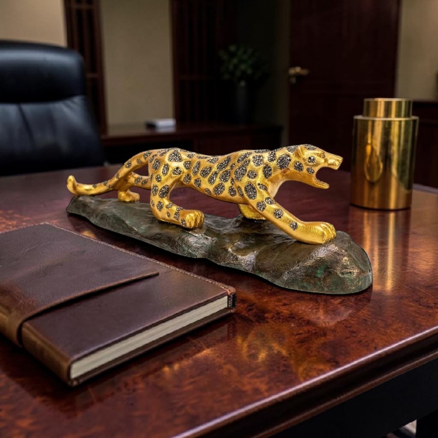 Jaguar Figurine with Pyrite Crystal Engraving | Decorative Animal Showpiece for Home Décor, Office Desk, Shelf & Gifting | Resin Statue 