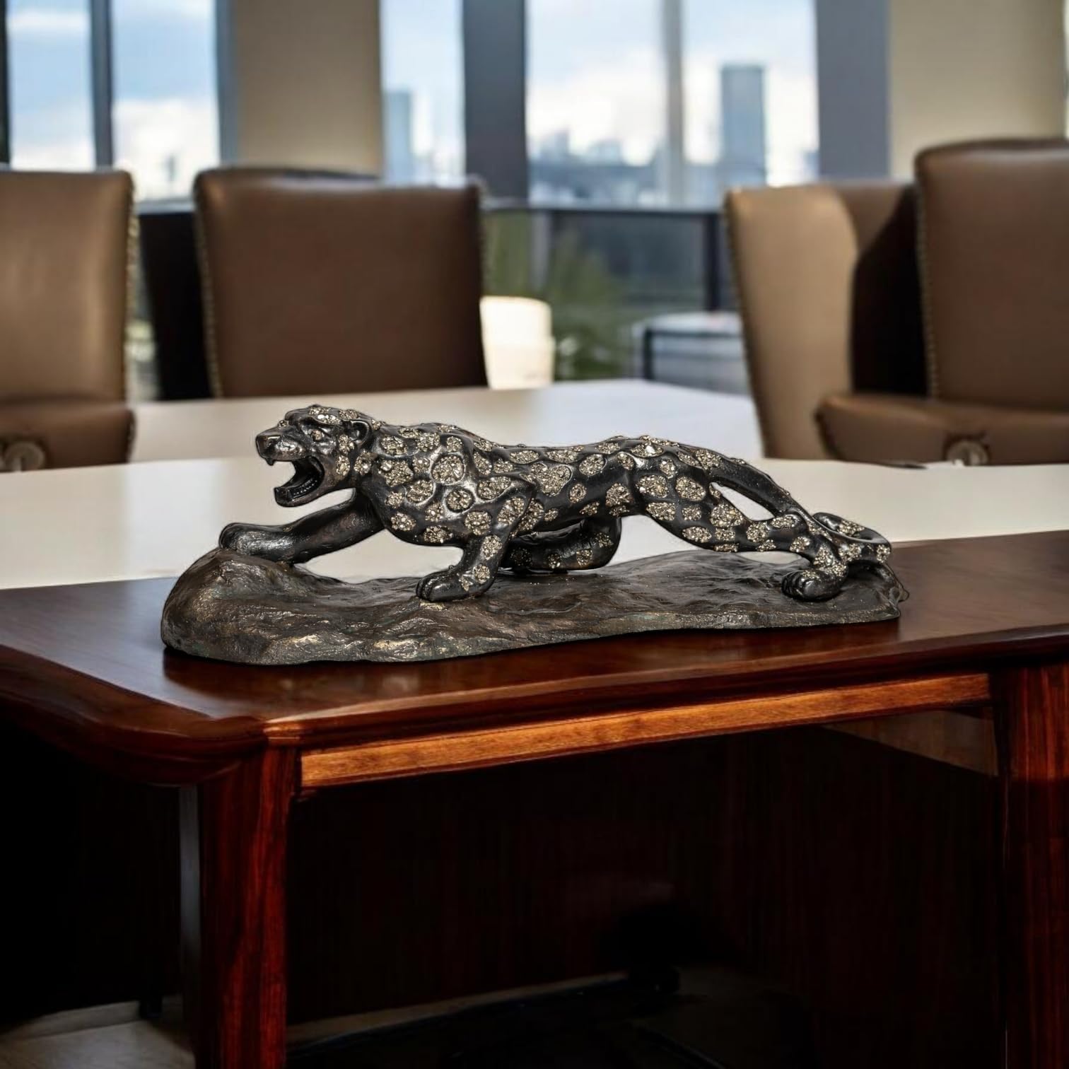 Jaguar Figurine with Pyrite Crystal Engraving | Decorative Animal Showpiece for Home Décor, Office Desk, Shelf & Gifting | Resin Statue 