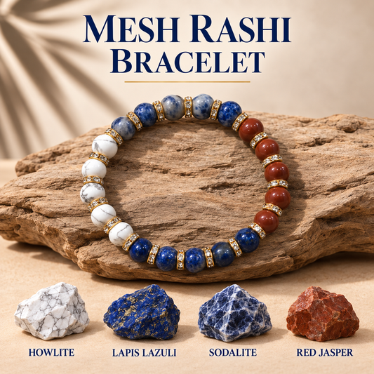Aries Zodiac Mesh Rashi Healing Crystal Bracelet Natural Reiki Feng-Shui Healing Crystal Gem Stone Crystal Bracelet for Strength, Health & Prosperity Comes with FREE Natural Pyrite Stone