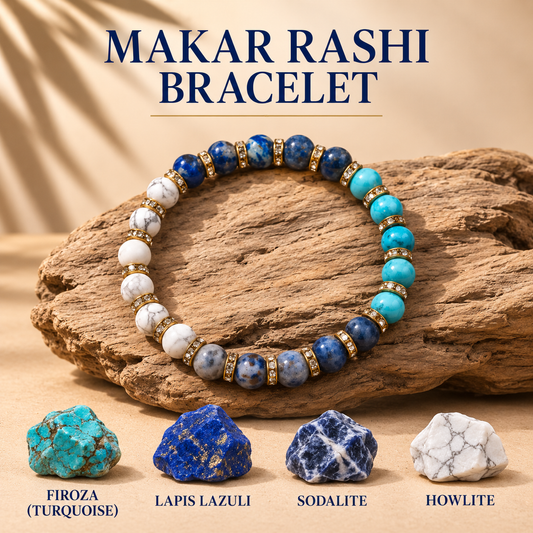 Capricorn Zodiac Makar Rashi Healing Crystal Bracelet Natural Reiki Feng-Shui Healing Crystal Gem Stone Crystal Bracelet for Family Balance & Good Health