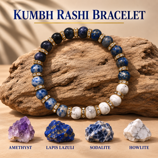 Aquarius Zodiac Kumbh Rashi Healing Crystal Bracelet Natural Reiki Feng-Shui Healing Crystal Gem Stone Crystal Bracelet for Economic Growth