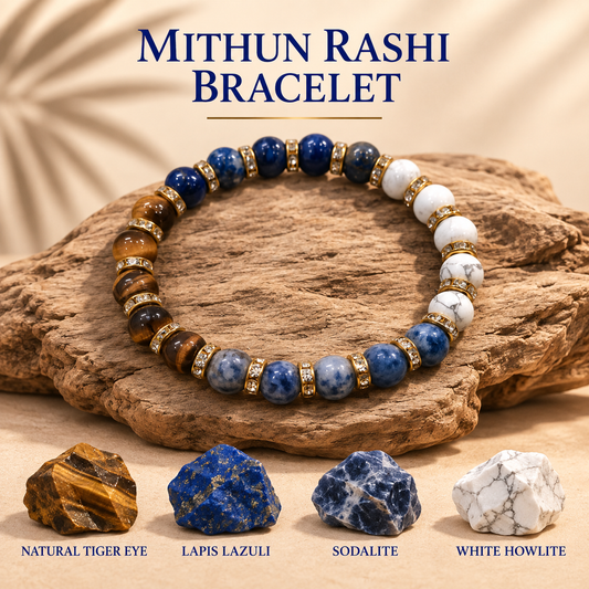 GEMINI Zodiac Mithun Rashi Healing Crystal Bracelet Natural Reiki Feng-Shui Healing Crystal Gem Stone Crystal Bracelet for Wealth