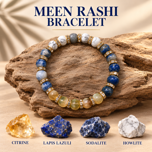 Handmade Pisces Zodiac Meen Rashi Healing Crystal Bracelet Natural Reiki Feng-Shui Healing Crystal Gem Stone Crystal Bracelet for Prosperity