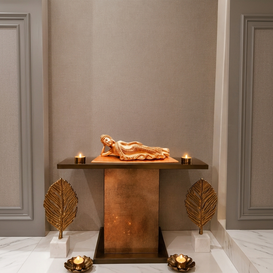 Reclining Buddha Decorative Statue Antique Gold Finish | Meditation Buddha Showpiece for Home Décor, Living Room, Office & Gifting | Resin Figurine (Golden_1)