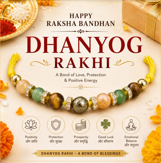 Dhanyog Rakhi – Natural Crystal Rakhi for Brother | Pyrite, Citrine, Green Aventurine & Tiger Eye | Raksha Bandhan Special