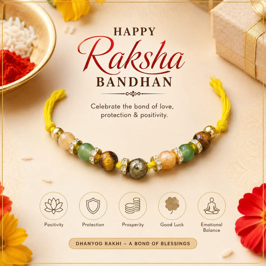 Dhanyog Rakhi – Natural Crystal Rakhi for Brother | Pyrite, Citrine, Green Aventurine & Tiger Eye | Raksha Bandhan Special