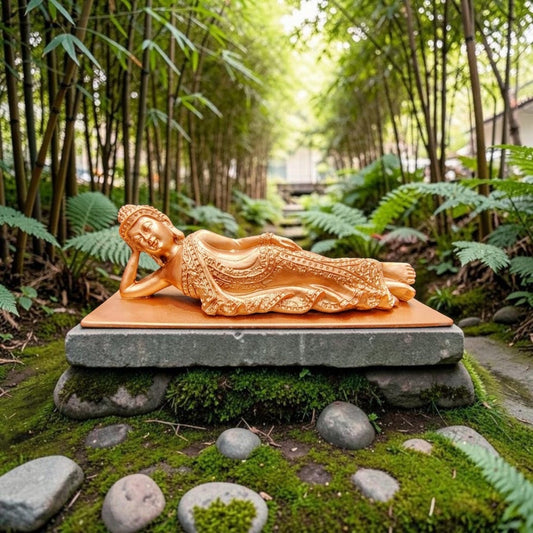 Reclining Buddha Decorative Statue Antique Gold Finish | Meditation Buddha Showpiece for Home Décor, Living Room, Office & Gifting | Resin Figurine (Golden_1)