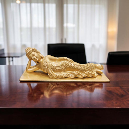 Reclining Buddha Decorative Statue Antique Gold Finish | Meditation Buddha Showpiece for Home Décor, Living Room, Office & Gifting | Resin Figurine (Golden_1)